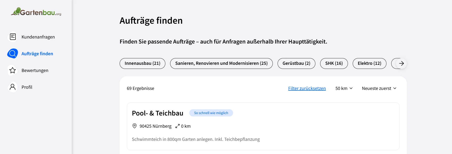 Screenshot der Anfragenzentrale zur Handwerkerauftragsvermittlung