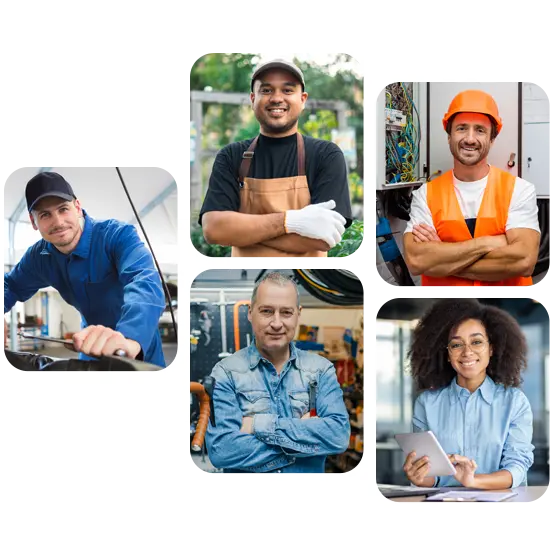 Collage aus verschiedenen Fachkräften, darunter ein Mechaniker, Elektriker, Gärtner, Ingenieur, Bauarbeiter und eine Geschäftsfrau mit Tablet – alle lächeln selbstbewusst