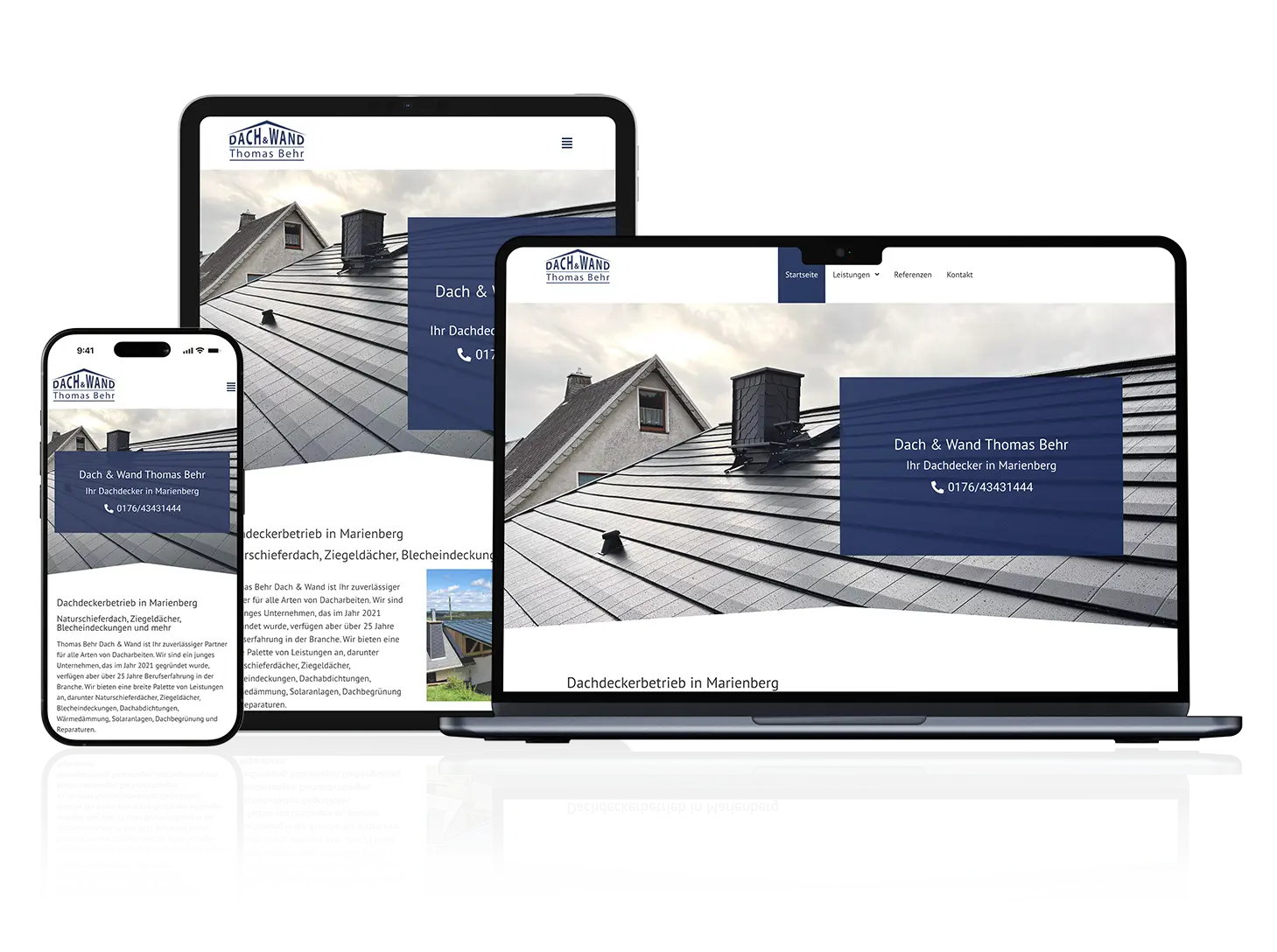 Mockup einer modernen Handwerker-Website auf Desktop, Laptop und Smartphone
